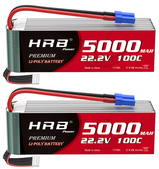 2pcs HRB 22.2V 6S 5000mAh LiPo Battery 100C EC5 for RC Truck Helis EDF Jet