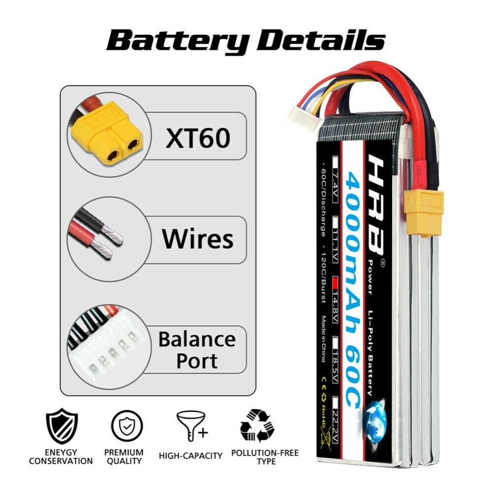 2pcs HRB 14.8V 4S 4000mAh 60C LiPo Battery for RC Drone Car Airplane Boat