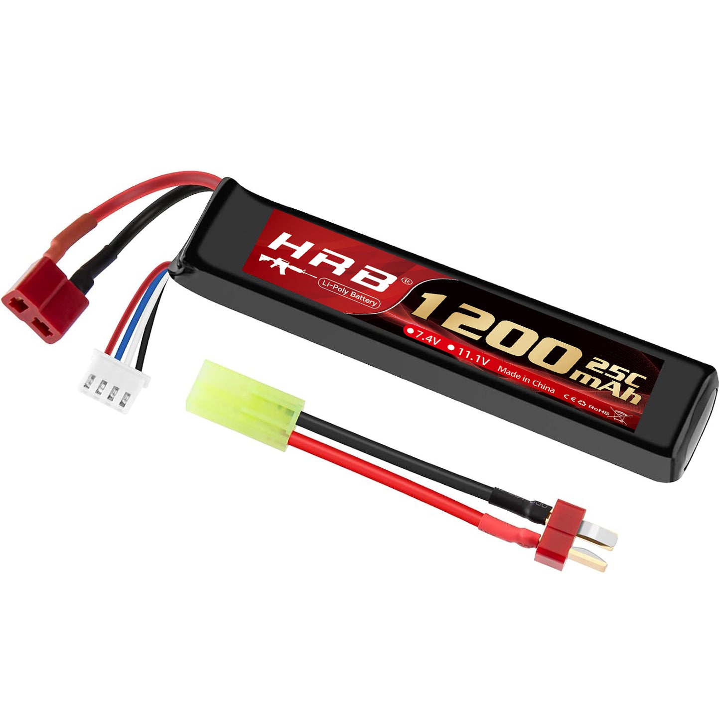 Airsoft Battery 7.4V 11.1V Rechargeable 3S LiPo 1200mAh 20C Split Pack Battery with Deans T Plug to Mini Tamiya Cable for Airsoft Model Guns