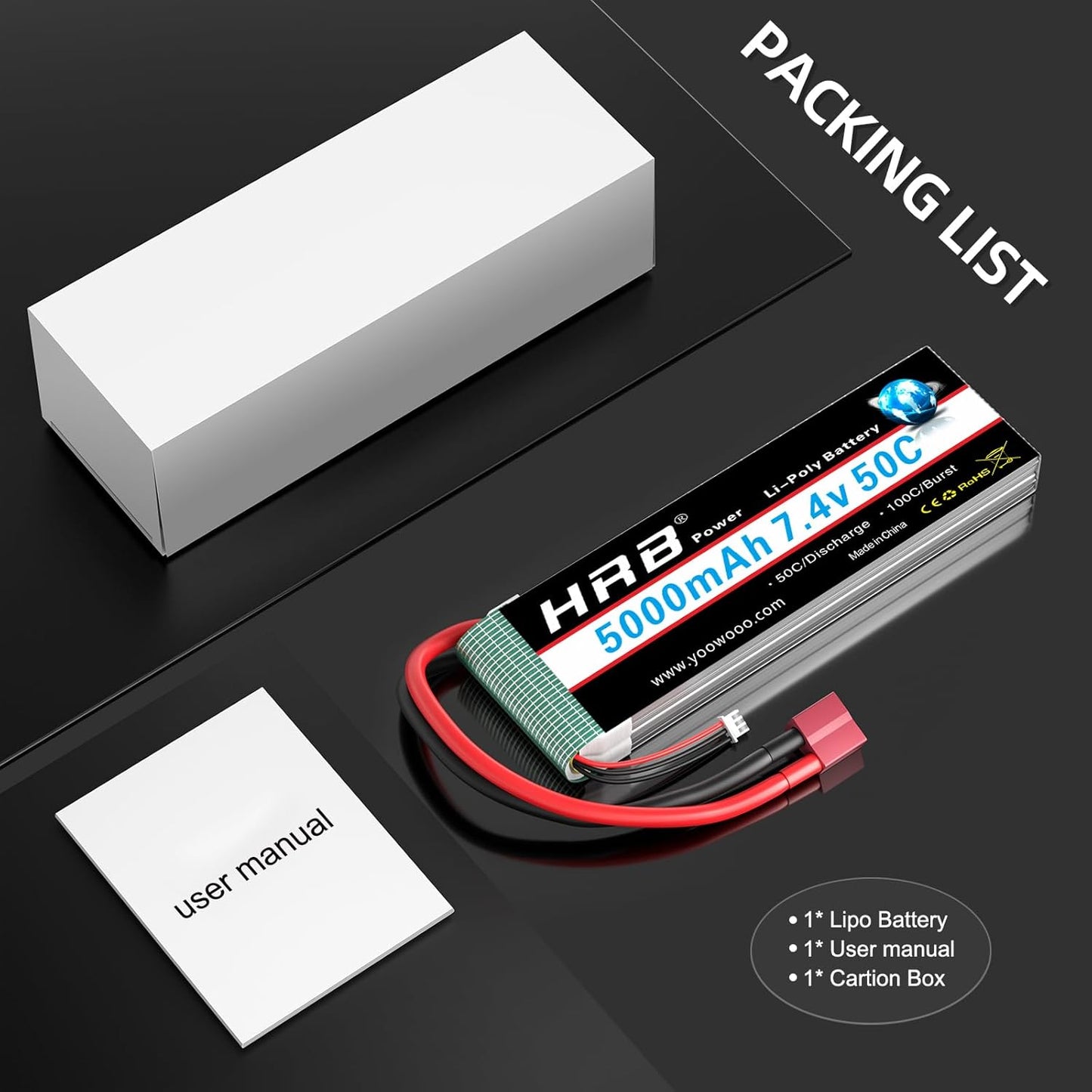 HRB 7.4V 5000mAh 50C 2S Lipo Battery Deans T