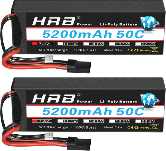 2 pieces HRB 7.4V 2S 5200mAh 50C TRX Hardcase Lipo Battery
