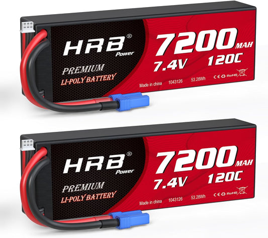 HRB 2packs 2S 7200mAh Lipo Battery with EC5 Plug 7.4V 120C Hardcase