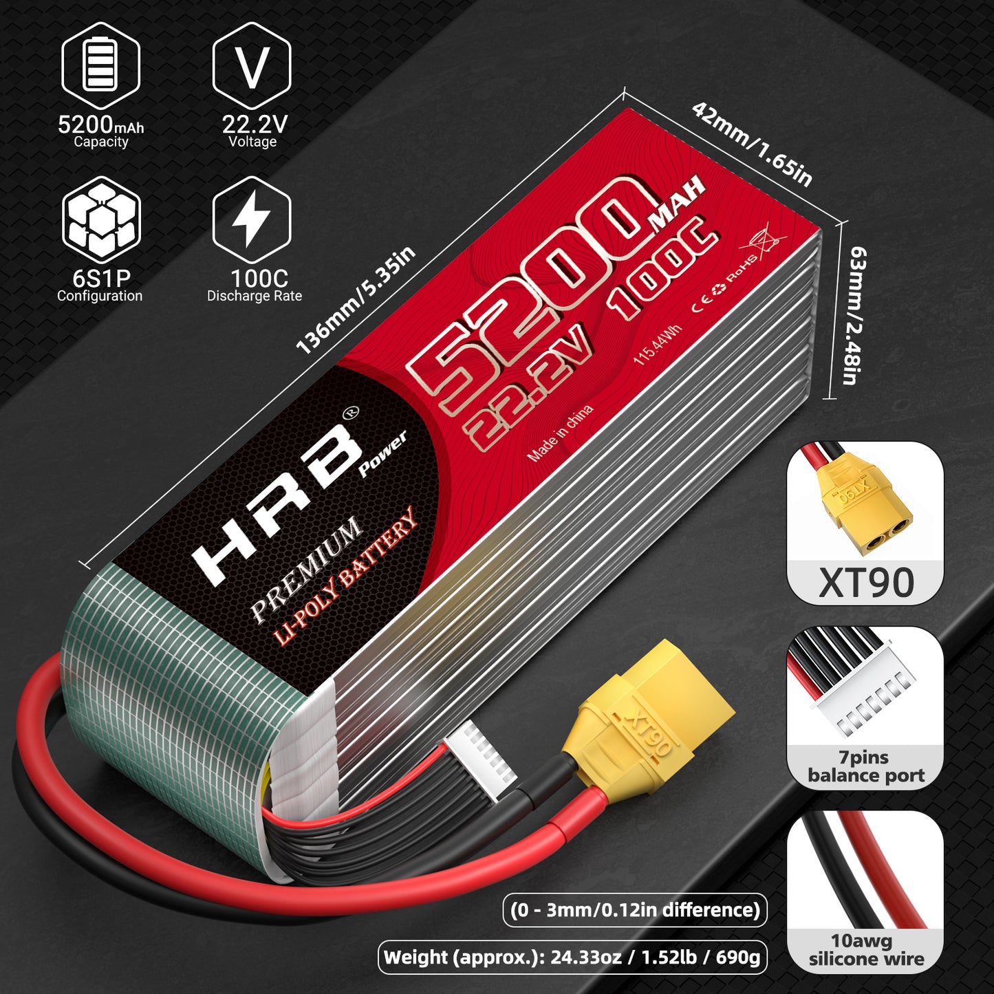 2xHRB 22.2V 6S Lipo Battery 100C 5200mAh EC5/XT90 Plug for RC Car Helicopter EDF