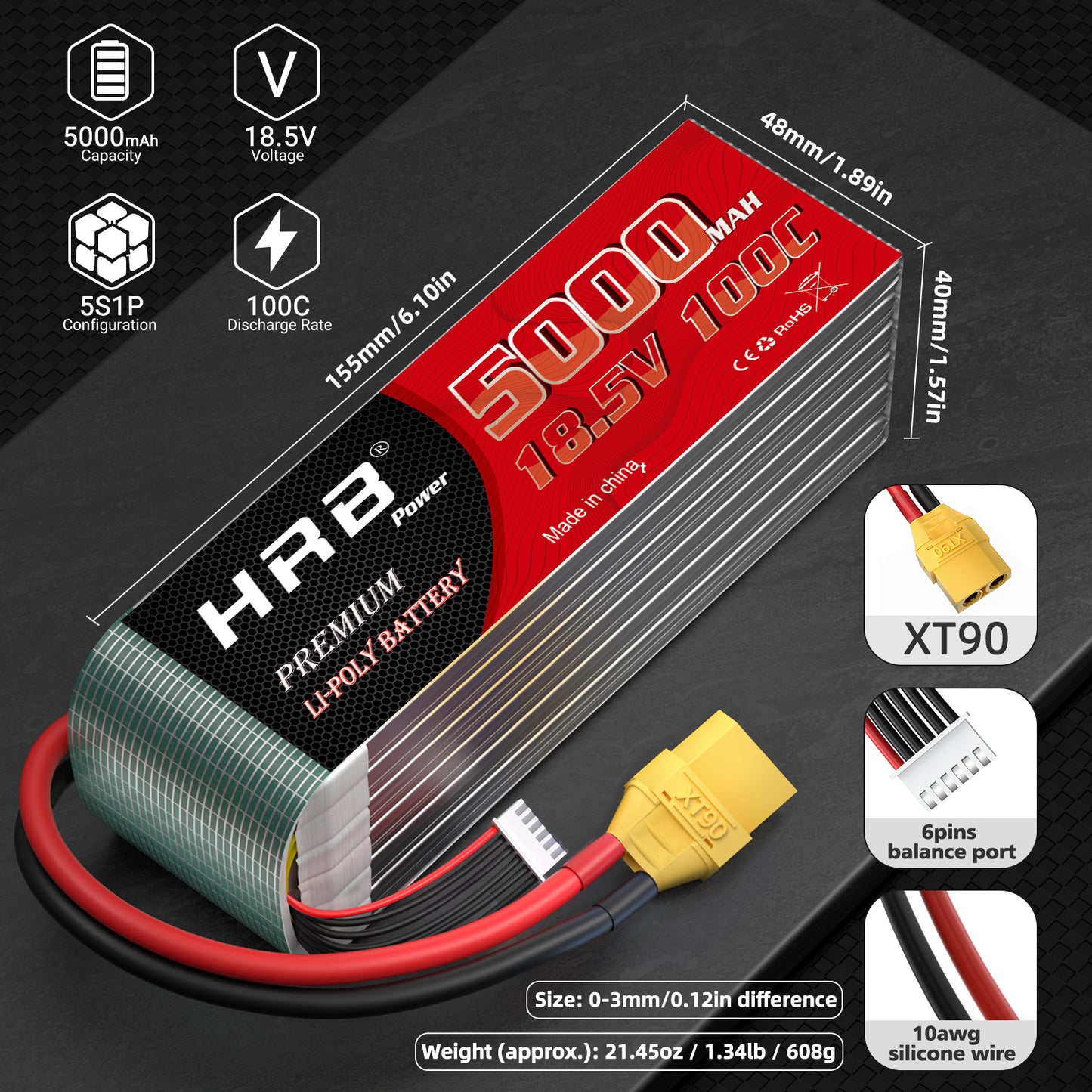 HRB 18.5V LiPo Battery 5000mAh 100C with XT90 Plug for RC Airplane/Helicopter/Car/Truck/Boat