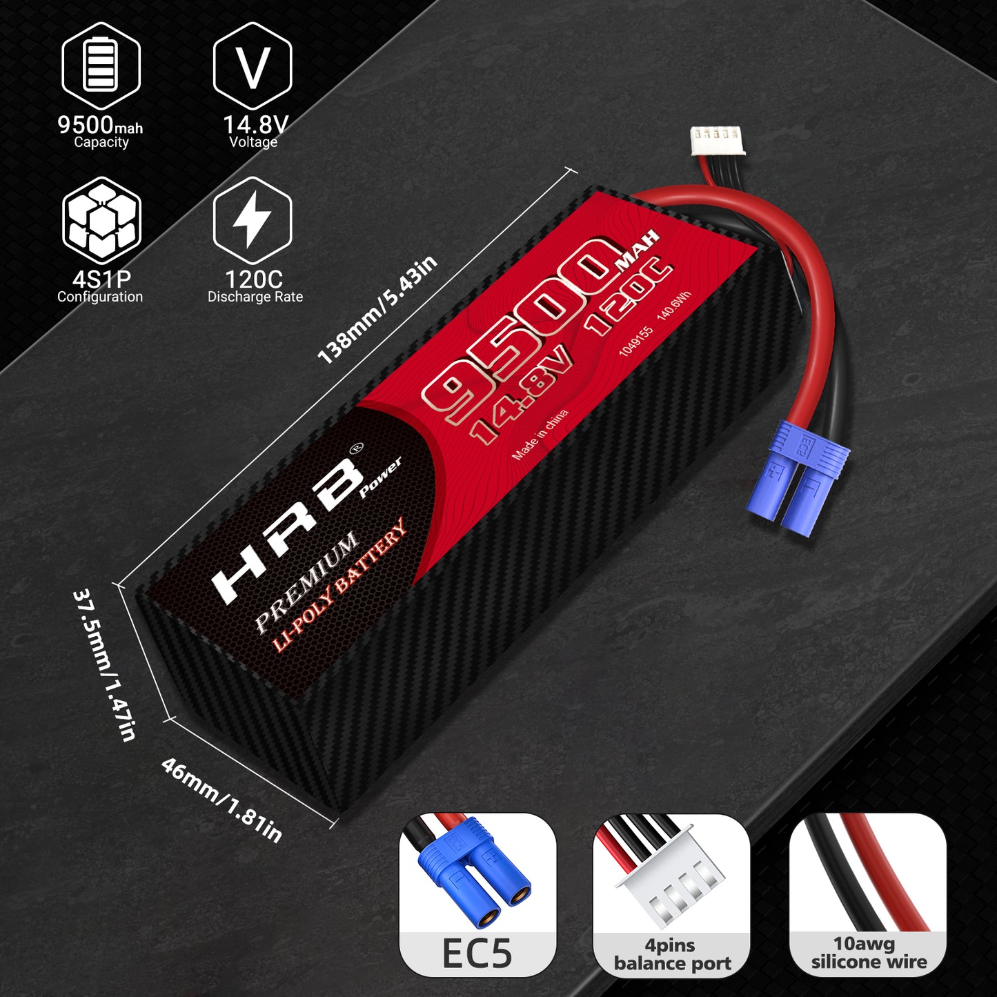 HRB 14.8V 4S LiPO Battery 9500mAh 120C for RC Car X-Maxx V2 UDR Car Truck