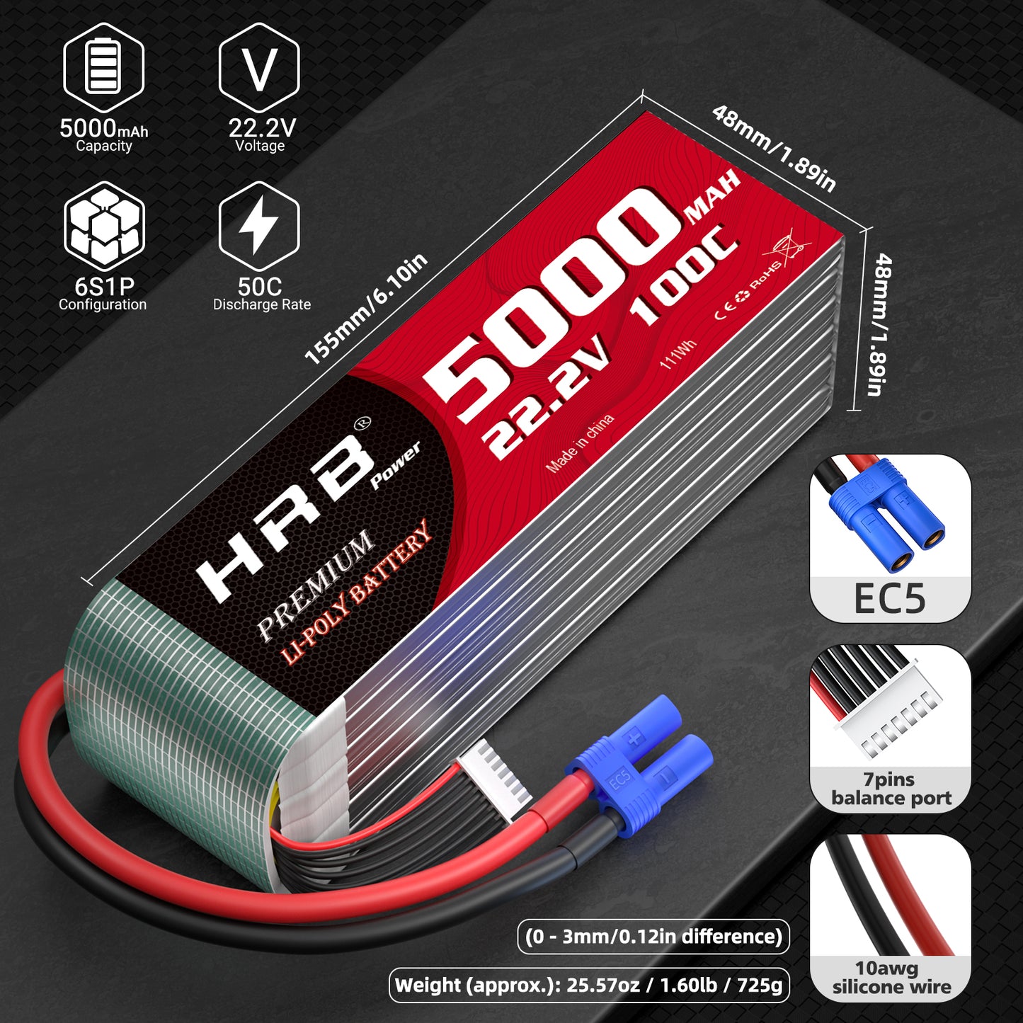 2pcs HRB 22.2V 6S 5000mAh LiPo Battery 100C EC5 for RC Truck Helis EDF Jet