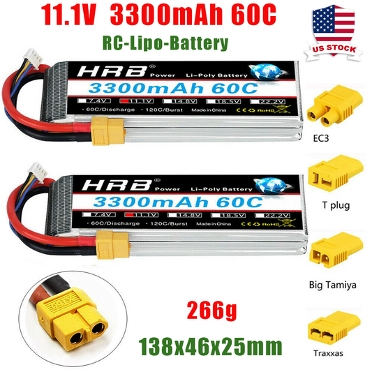 2pcs HRB 11.1V 3S 3300mAh Softcase LiPo Battery 60C 120C for RC Truck Buggy Losi