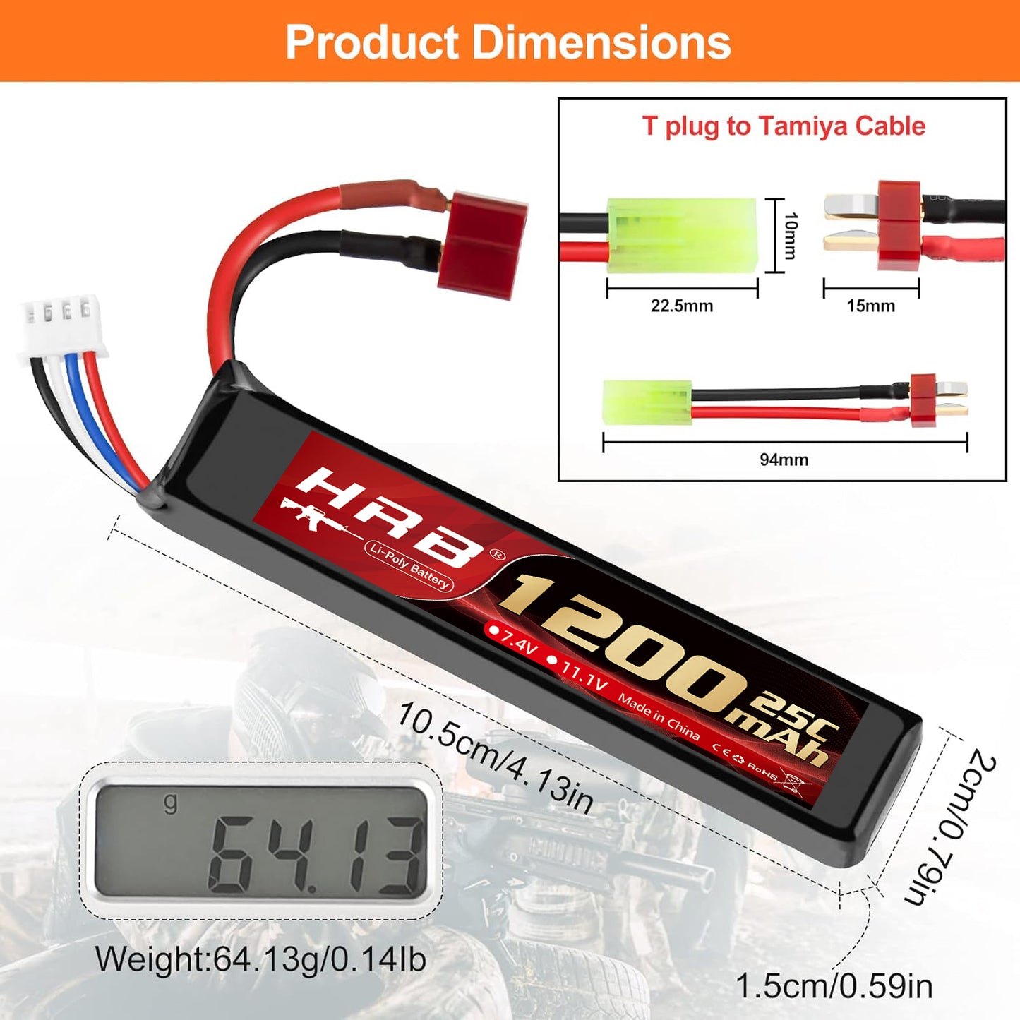 Airsoft Battery 7.4V 11.1V Rechargeable 3S LiPo 1200mAh 20C Split Pack Battery with Deans T Plug to Mini Tamiya Cable for Airsoft Model Guns