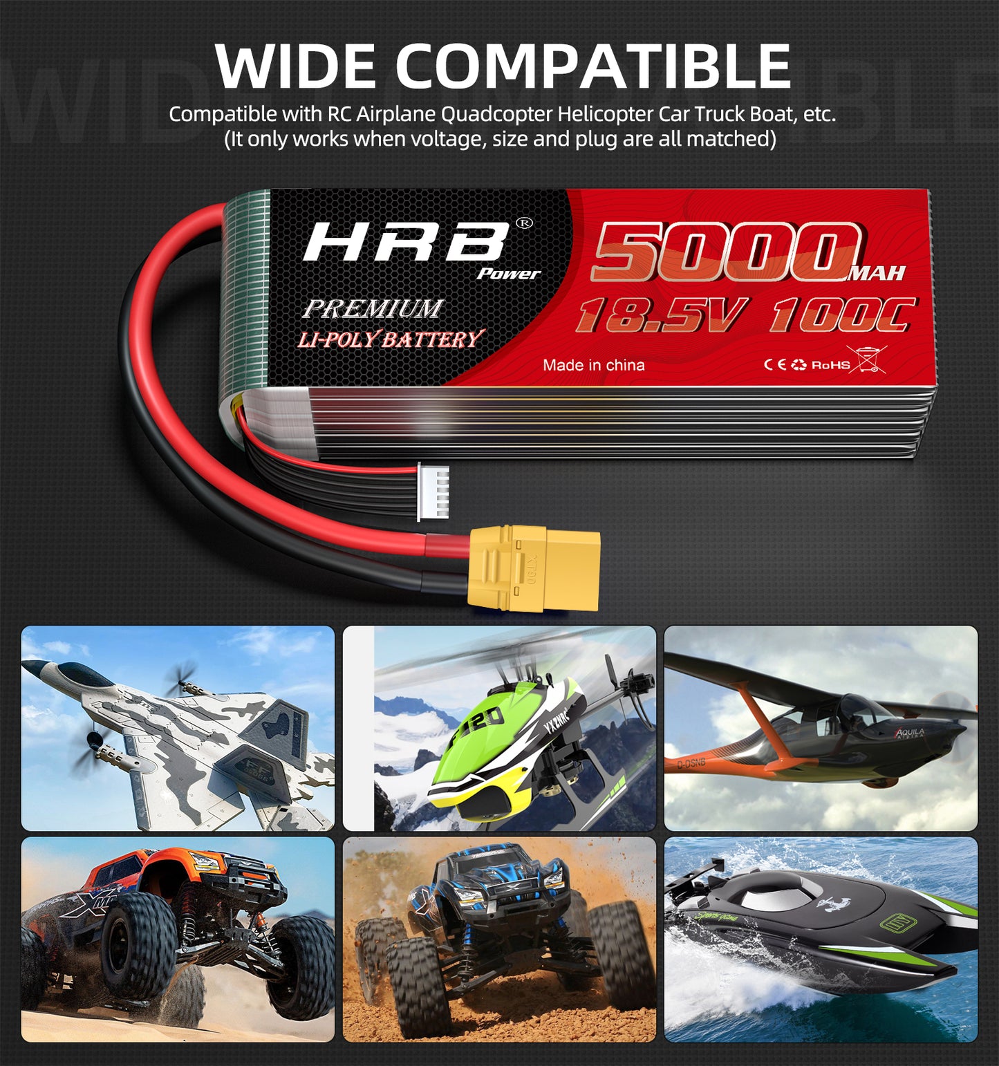HRB 18.5V LiPo Battery 5000mAh 100C with XT90 Plug for RC Airplane/Helicopter/Car/Truck/Boat