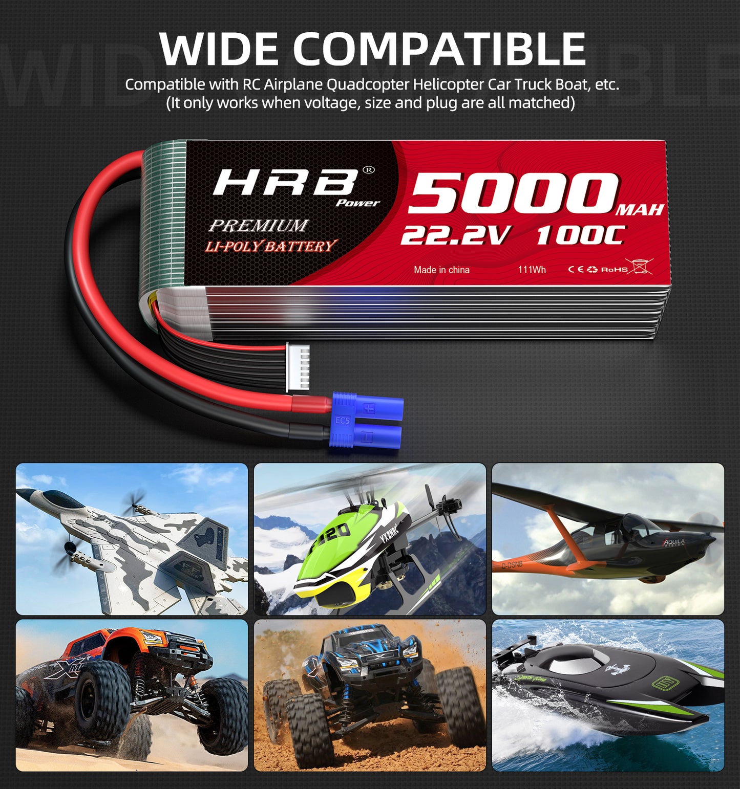 2pcs HRB 22.2V 6S 5000mAh LiPo Battery 100C EC5 for RC Truck Helis EDF Jet