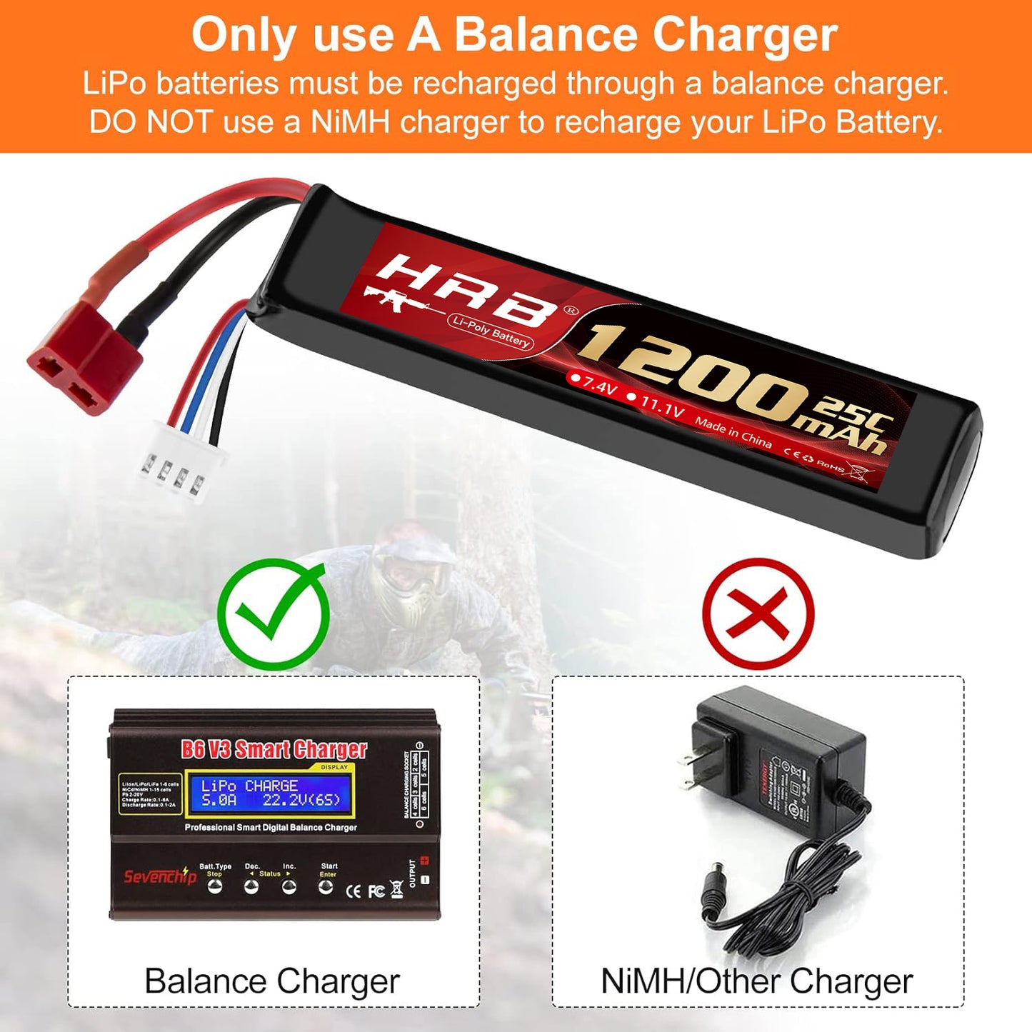 Airsoft Battery 7.4V 11.1V Rechargeable 3S LiPo 1200mAh 20C Split Pack Battery with Deans T Plug to Mini Tamiya Cable for Airsoft Model Guns