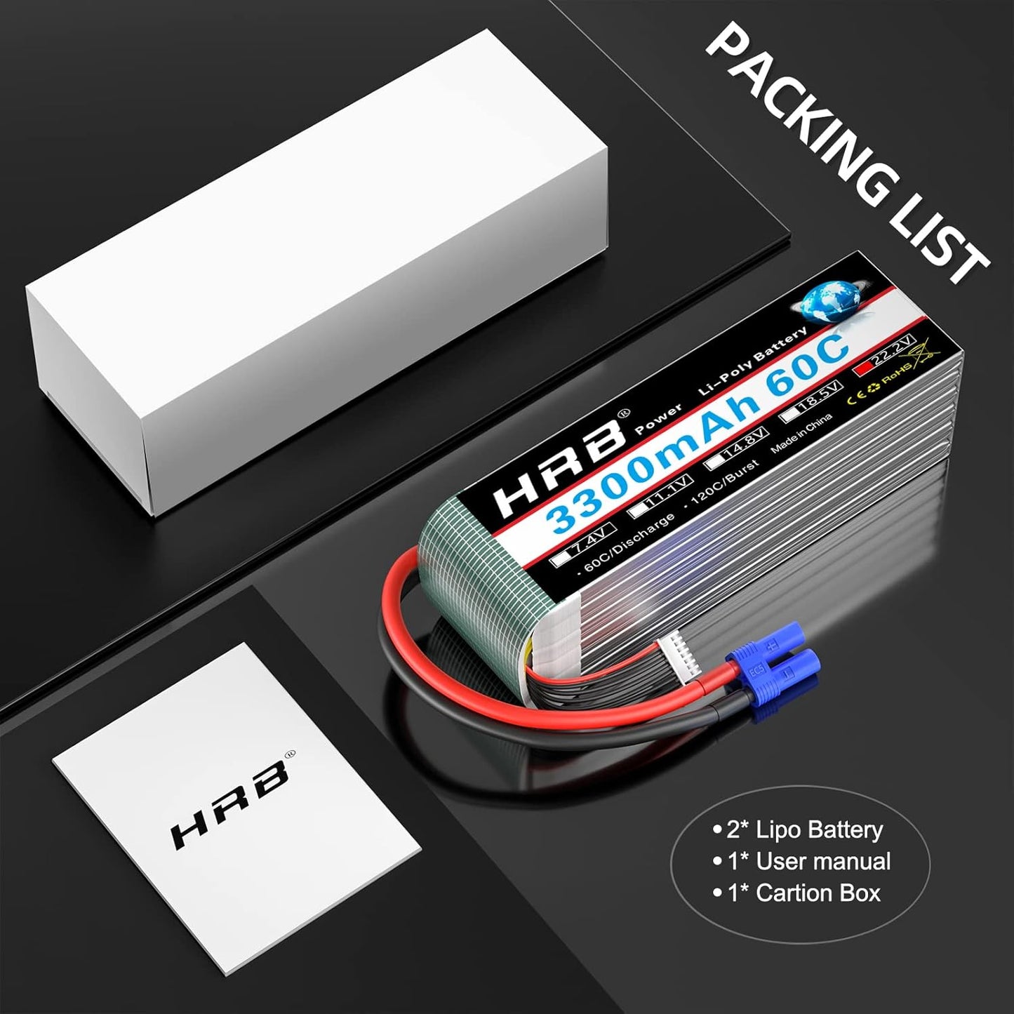 HRB 2pcs 6S 3300mAh Lipo Battery EC5 60C Soft Case 22.2V RC Lipo Batteries