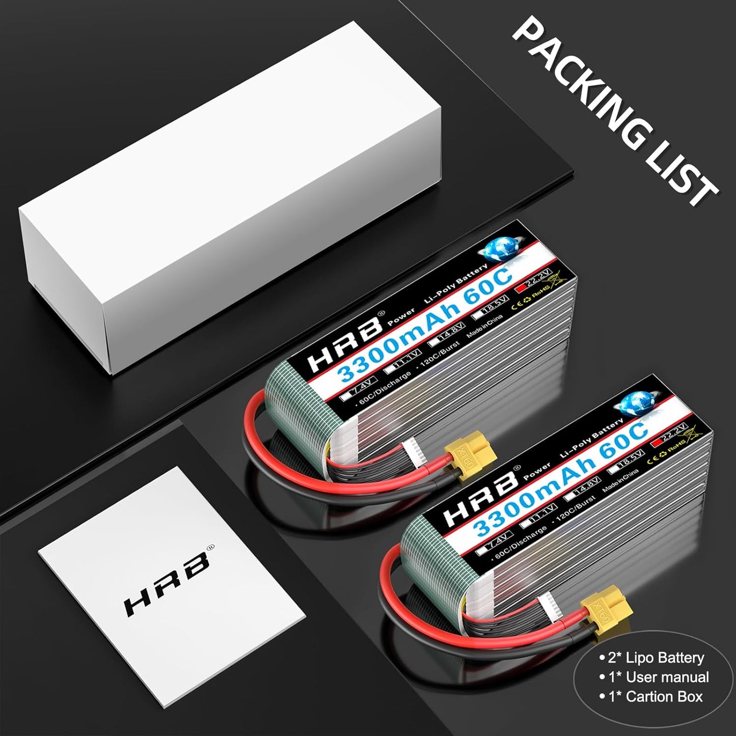 HRB 2packs 6S 22.2V 3300mAh 60C XT60 RC Lipo Battery