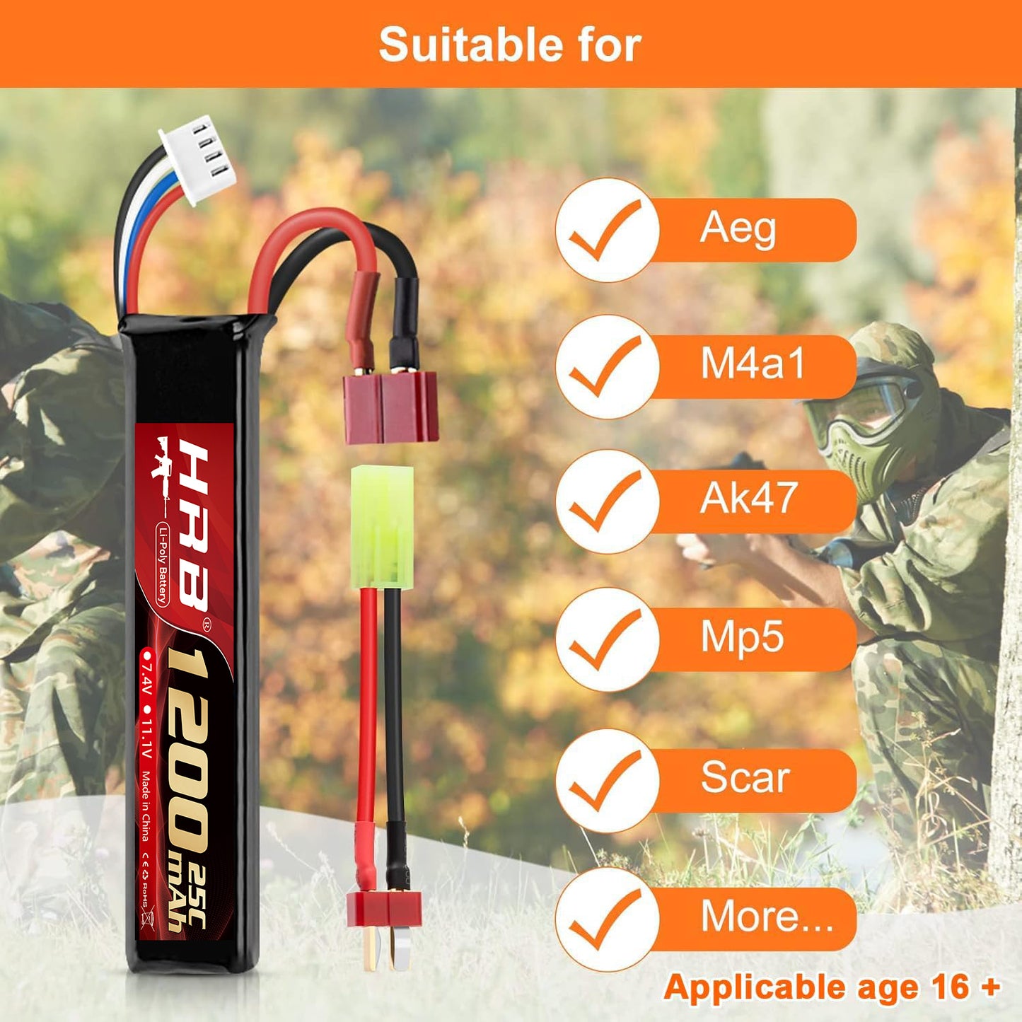 Airsoft Battery 7.4V 11.1V Rechargeable 3S LiPo 1200mAh 20C Split Pack Battery with Deans T Plug to Mini Tamiya Cable for Airsoft Model Guns