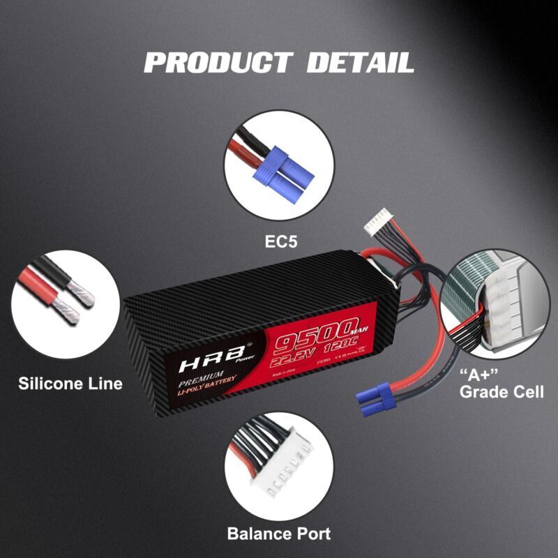 2pcs HRB 22.2V 6S 9500mAh LiPo Battery 120C EC5 for RC Car Helicopter EDF
