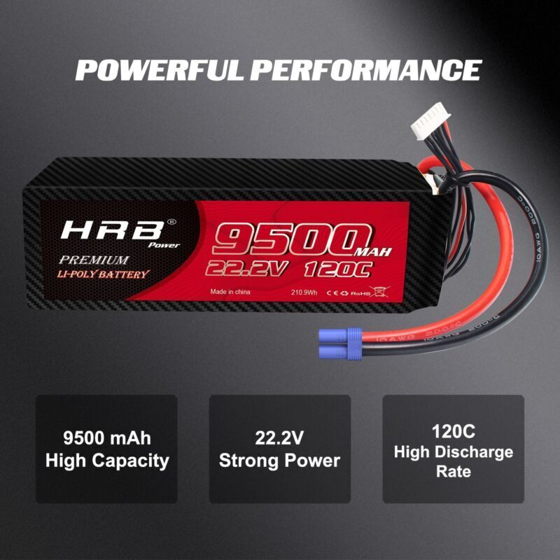 2pcs HRB 22.2V 6S 9500mAh LiPo Battery 120C EC5 for RC Car Helicopter EDF