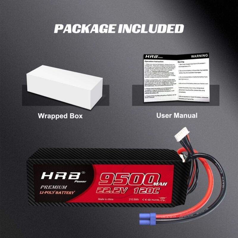 2pcs HRB 22.2V 6S 9500mAh LiPo Battery 120C EC5 for RC Car Helicopter EDF