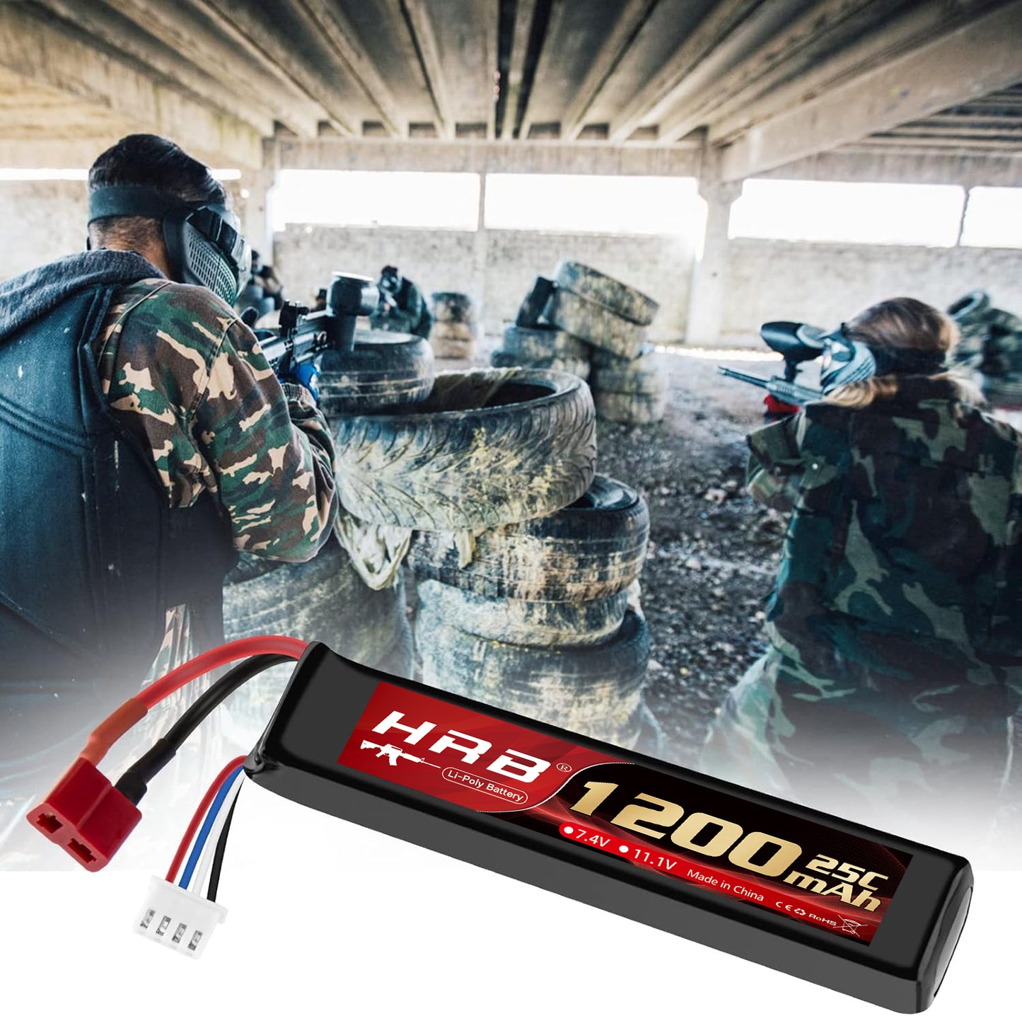 Airsoft Battery 7.4V 11.1V Rechargeable 3S LiPo 1200mAh 20C Split Pack Battery with Deans T Plug to Mini Tamiya Cable for Airsoft Model Guns