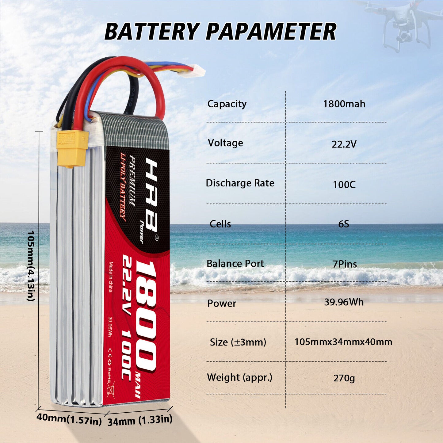 HRB 6S 22.2V 1800mAh 100C Lipo Battery XT60