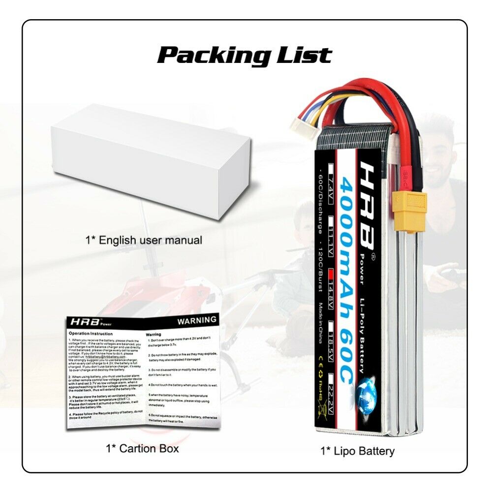 2pcs HRB 14.8V 4S 4000mAh 60C LiPo Battery for RC Drone Car Airplane Boat