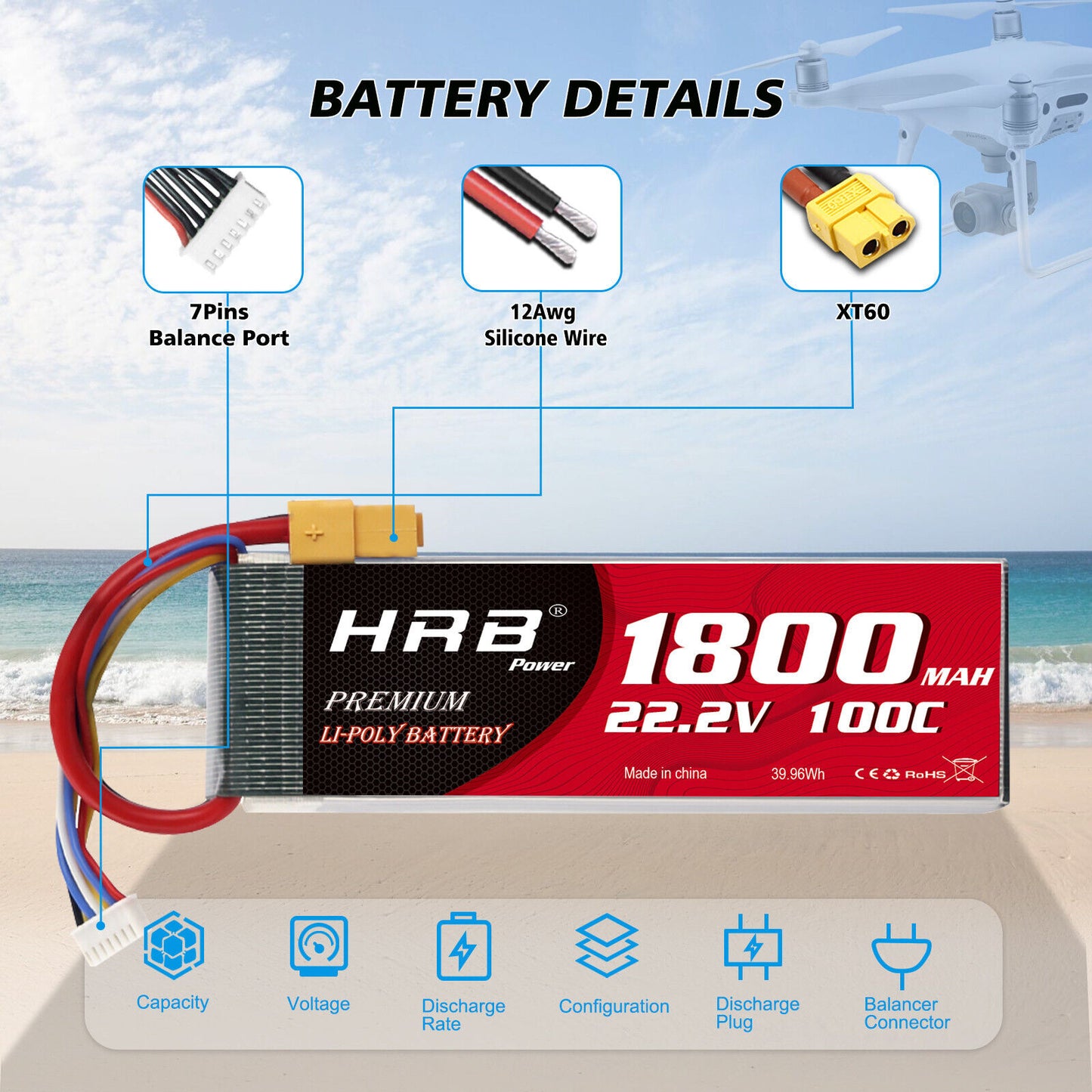 HRB 6S 22.2V 1800mAh 100C Lipo Battery XT60