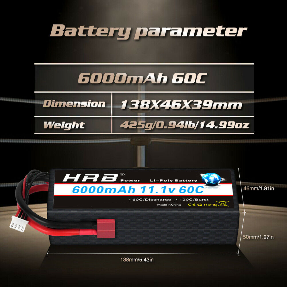 HRB 3S Hardcase 11.1V LiPo Battery 6000mAh 60C Dean T/TRX Female Plug for RC Car Truck