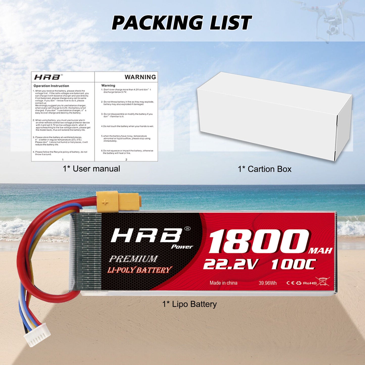 HRB 6S 22.2V 1800mAh 100C Lipo Battery XT60