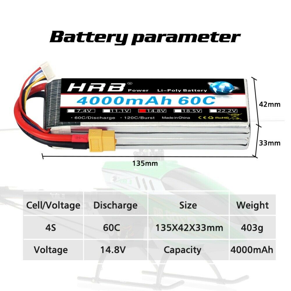 2pcs HRB 14.8V 4S 4000mAh 60C LiPo Battery for RC Drone Car Airplane Boat