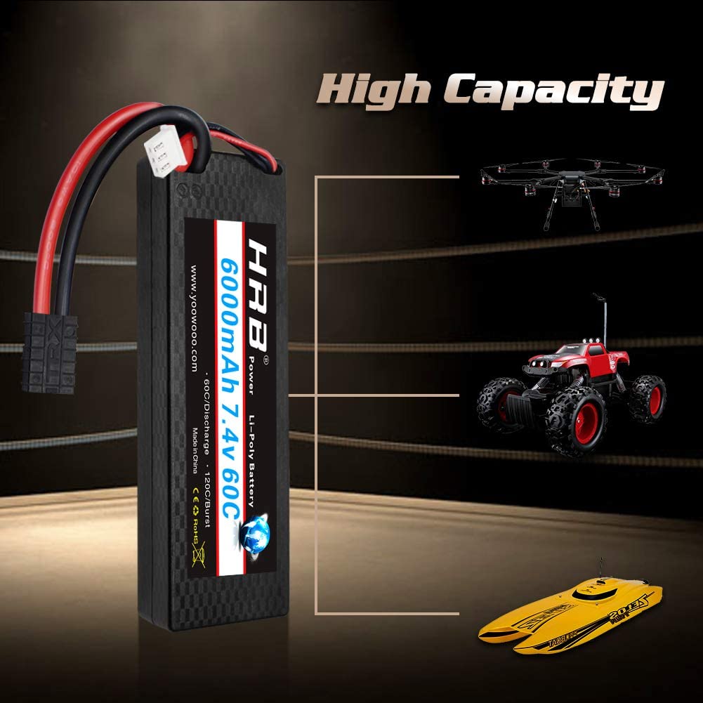 2 Packs HRB 7.4V 6000mAh 60C with TR Plug Compatible with RC Car/Truck/Boat/Airplane/Helicopter