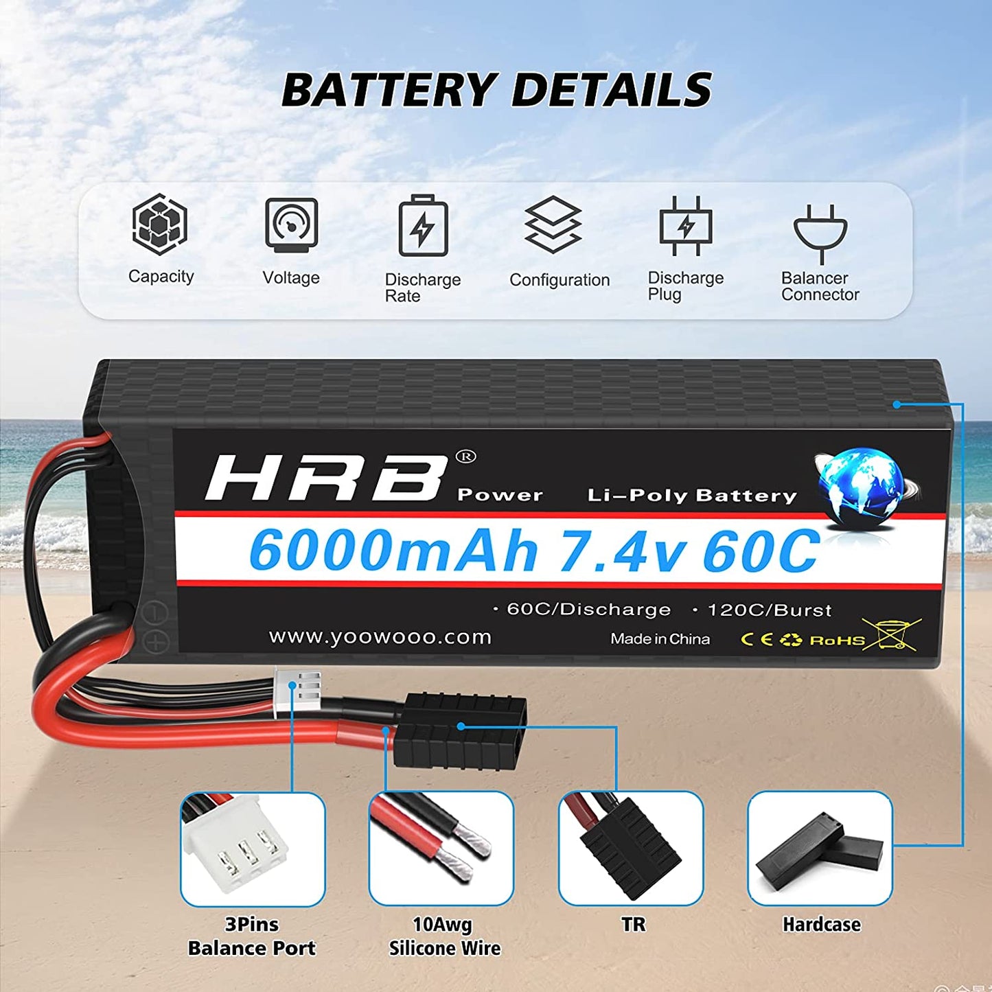 2 Packs HRB 7.4V 6000mAh 60C with TR Plug Compatible with RC Car/Truck/Boat/Airplane/Helicopter
