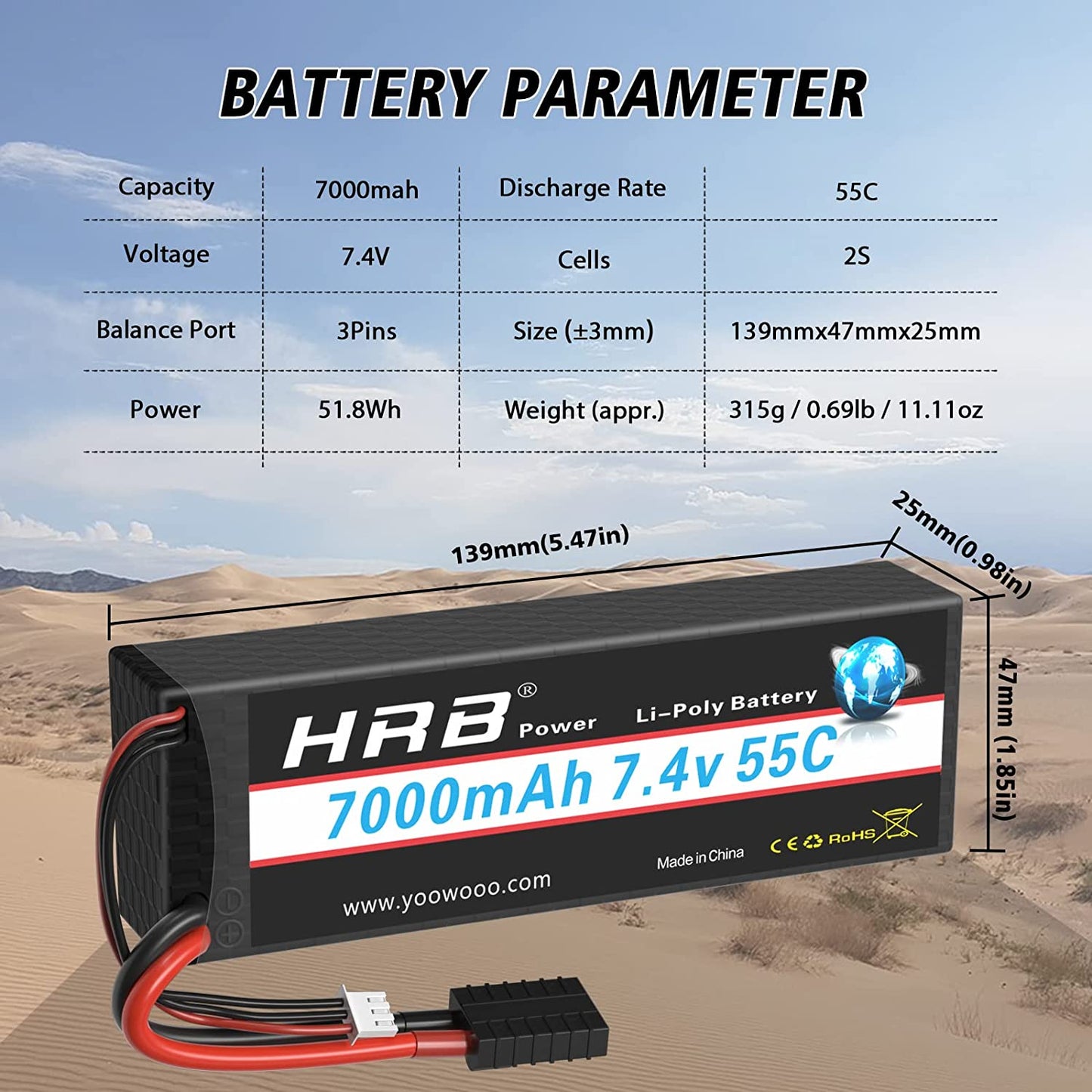 HRB 7.4V 5000mAh-7000mAh 50C-60C Compatible with 1/8 1/10 Scale RC Models