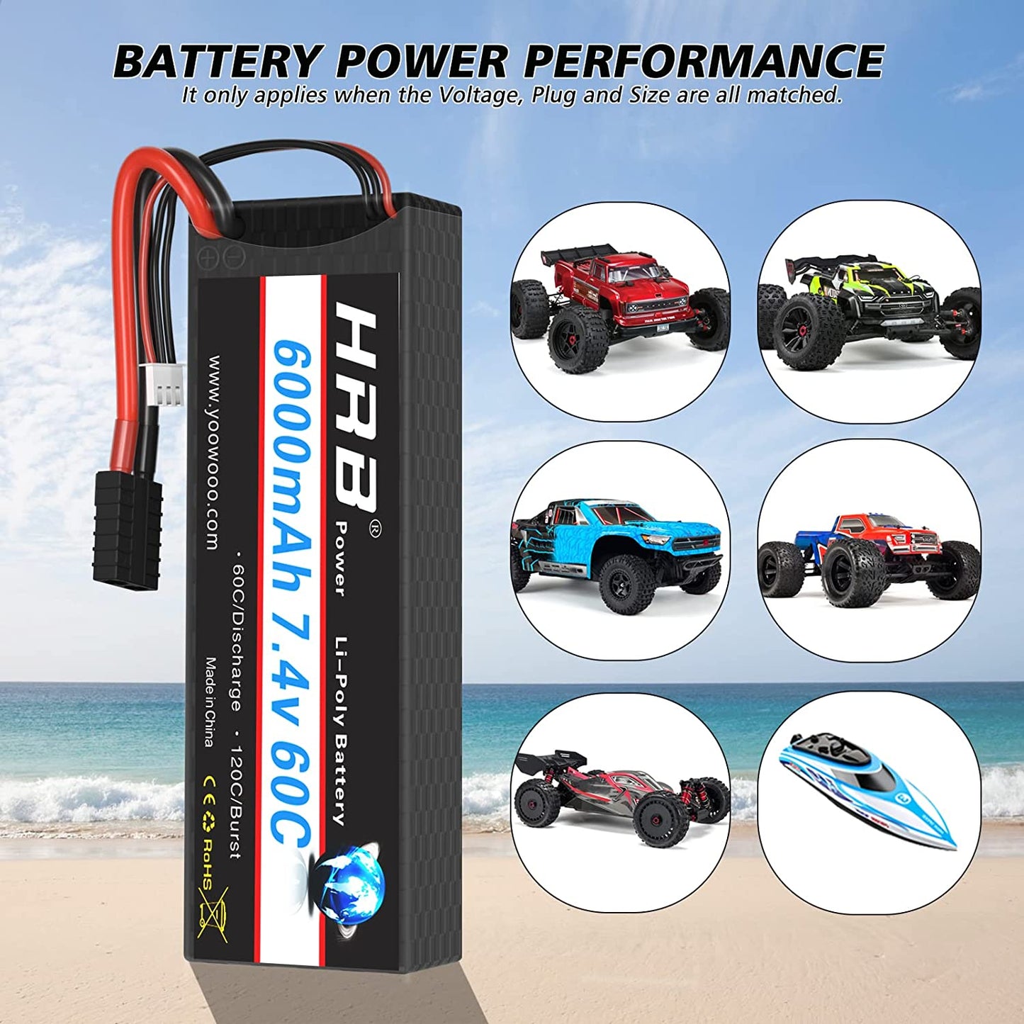 2 Packs HRB 7.4V 6000mAh 60C with TR Plug Compatible with RC Car/Truck/Boat/Airplane/Helicopter