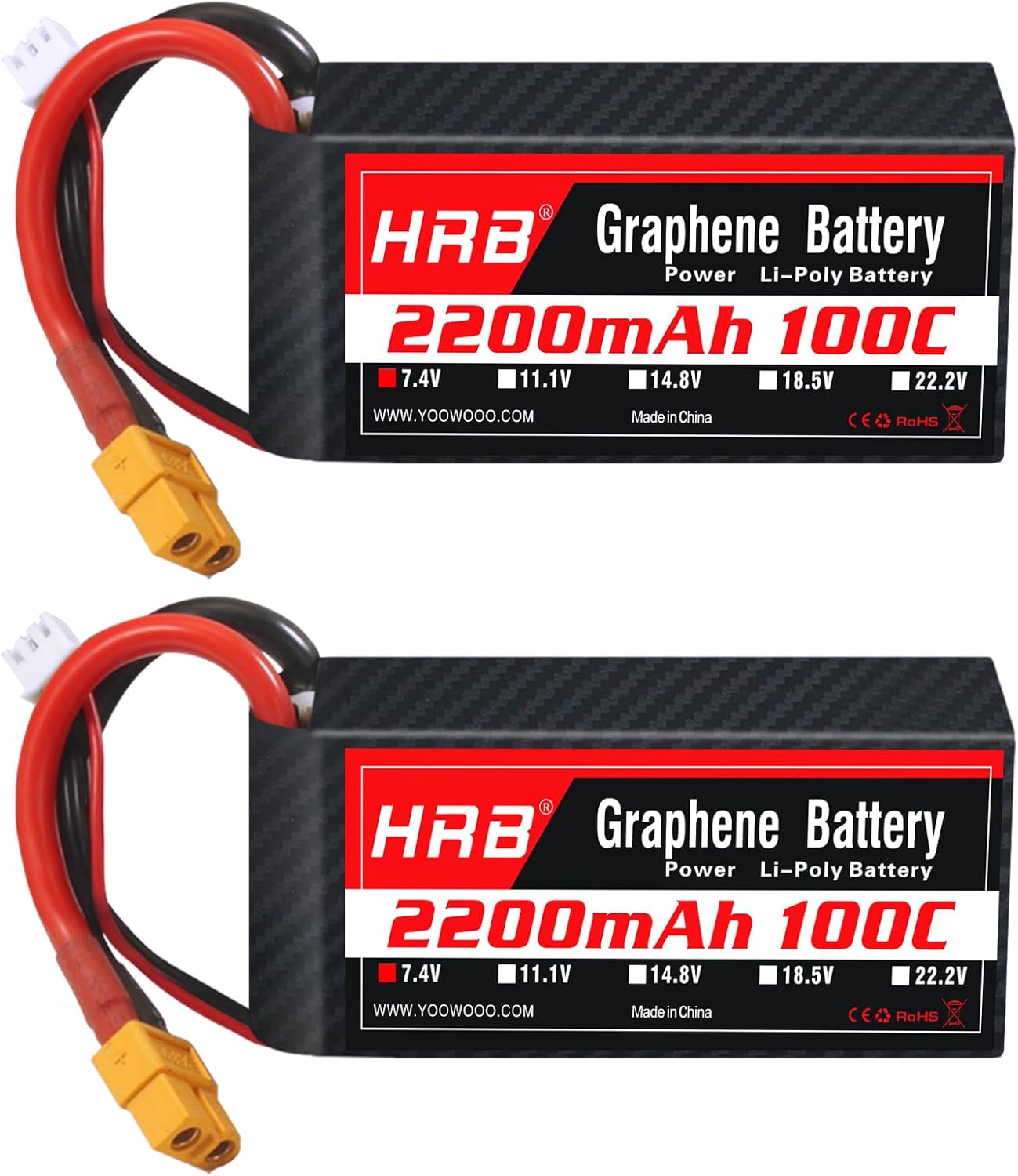 2 pieces HRB Graphene 2S 2200mAh Lipo Battery 100C 7.4V XT60