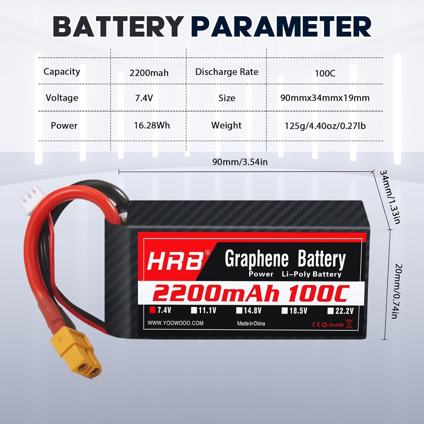 2 pieces HRB Graphene 2S 2200mAh Lipo Battery 100C 7.4V XT60