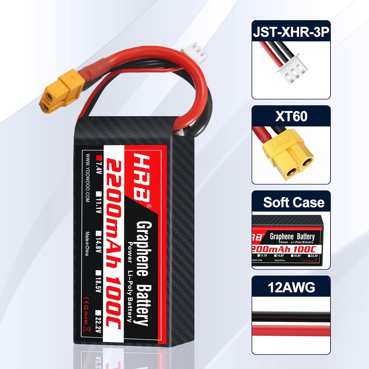 2 pieces HRB Graphene 2S 2200mAh Lipo Battery 100C 7.4V XT60
