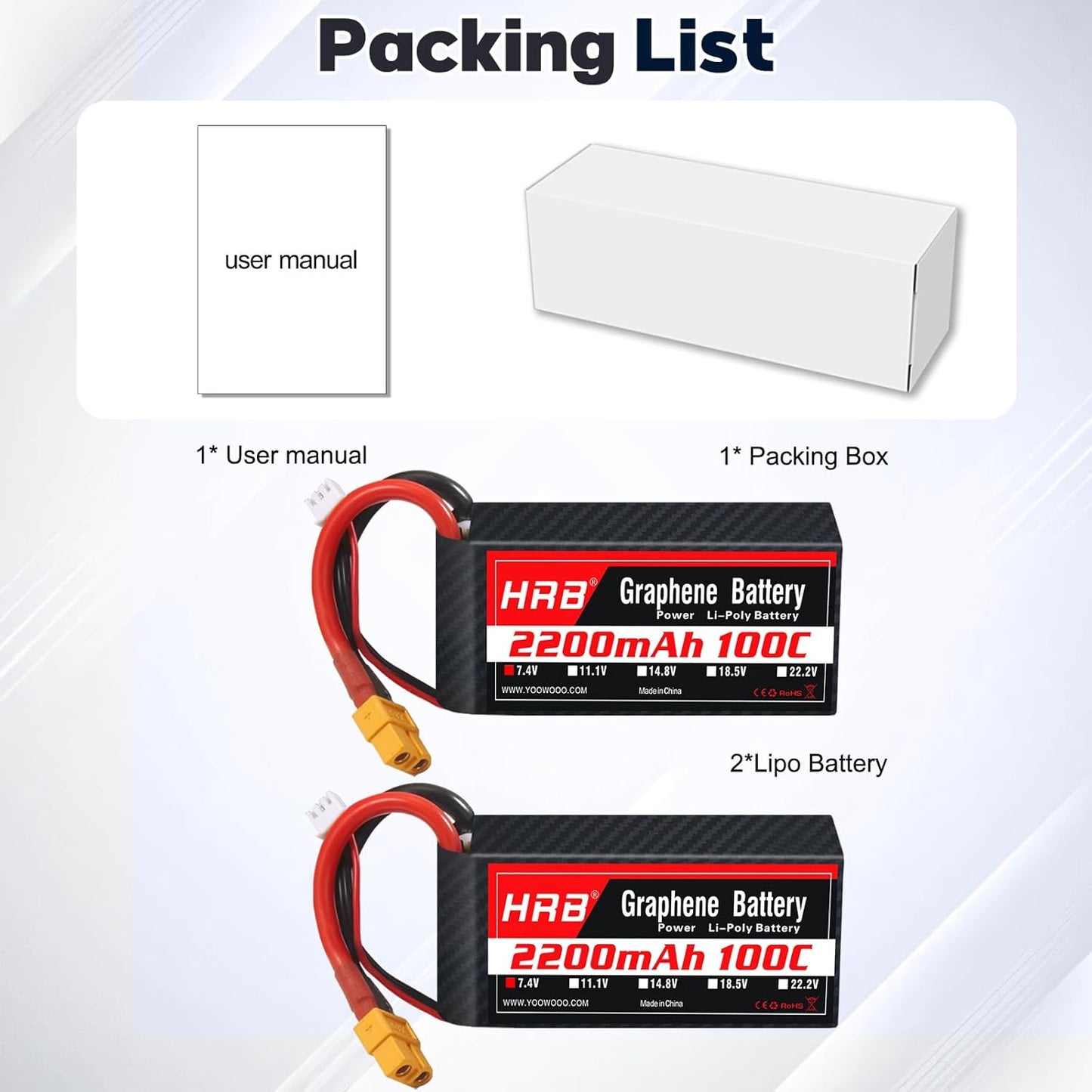2 pieces HRB Graphene 2S 2200mAh Lipo Battery 100C 7.4V XT60