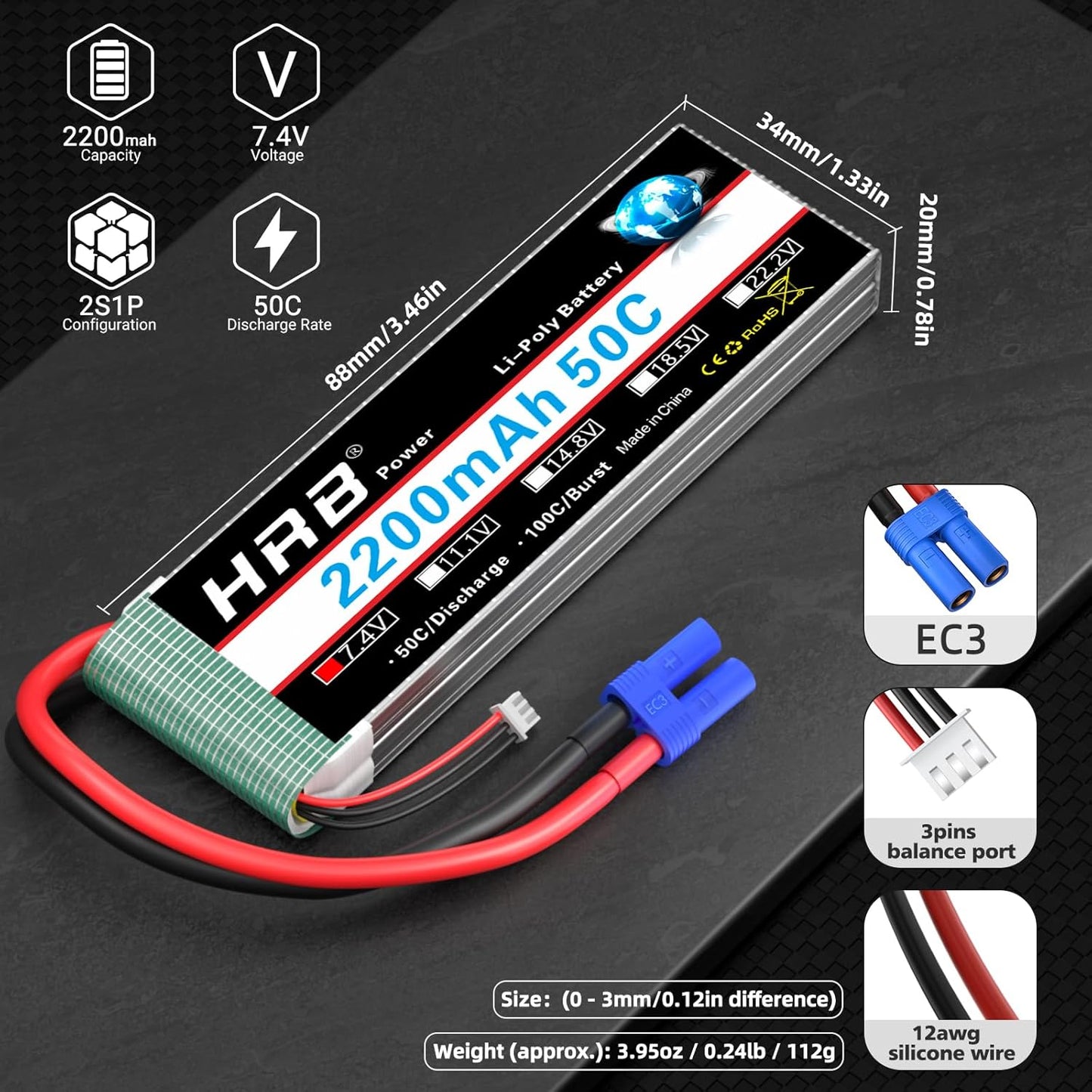 HRB 2S 2200mAh Lipo Battery 7.4V 50C EC3 Plug
