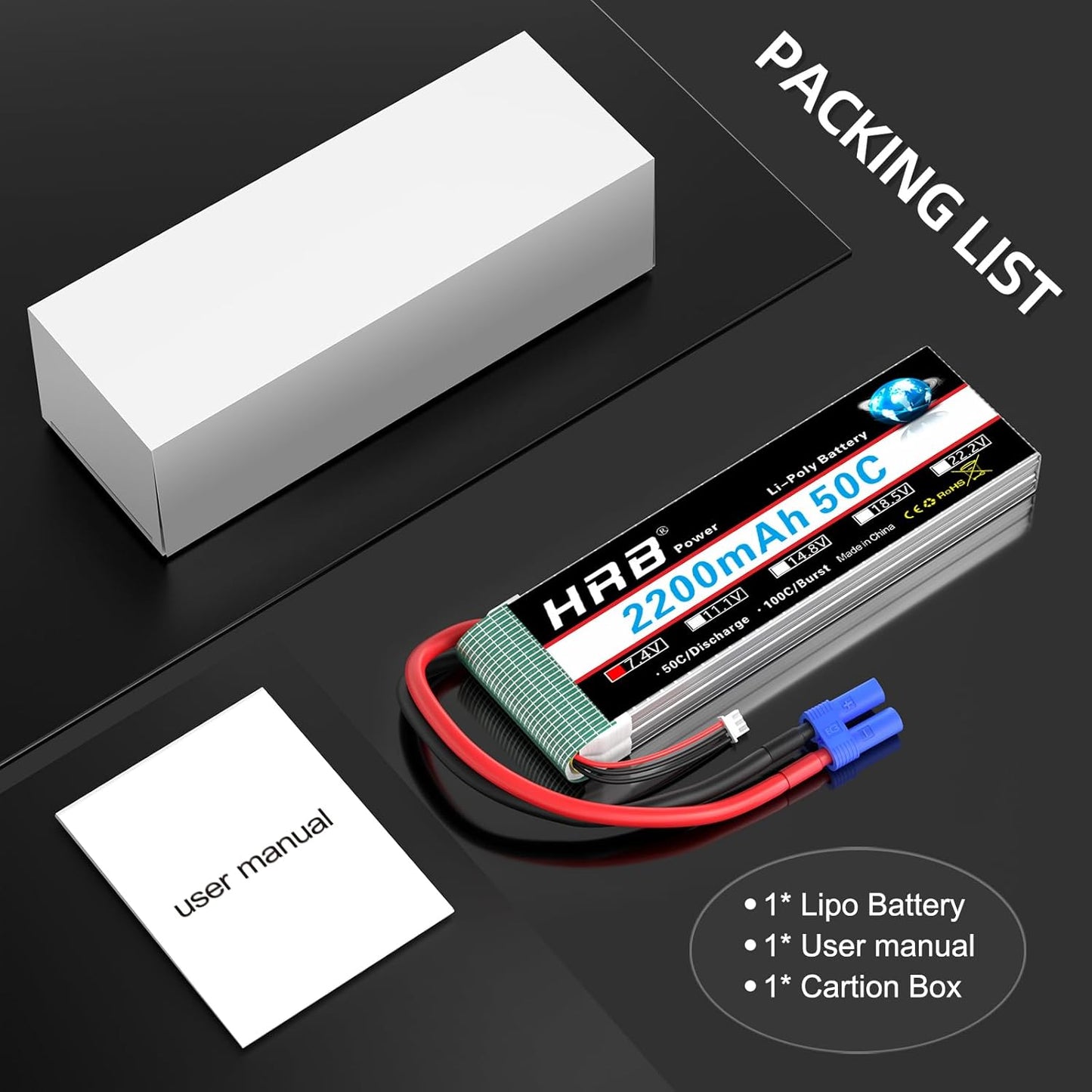 HRB 2S 2200mAh Lipo Battery 7.4V 50C EC3 Plug