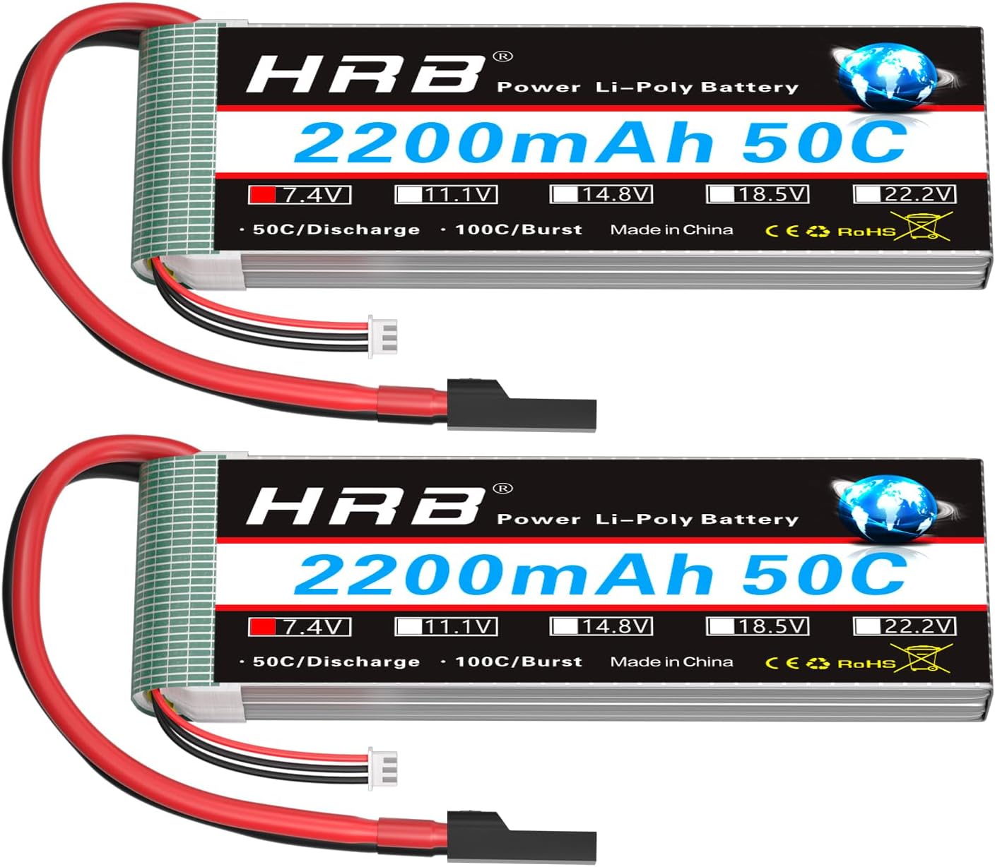 HRB 2PCS 2S Lipo Battery 7.4V 2200mAh RC LiPo Batteries with TRX Plug