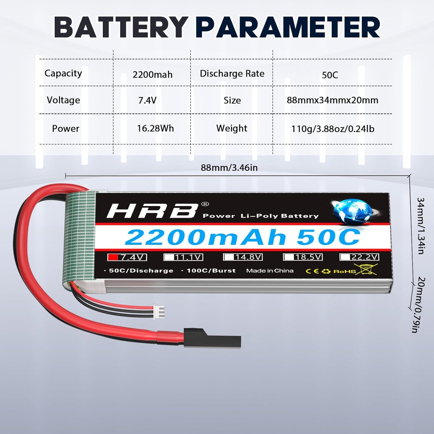 HRB 2PCS 2S Lipo Battery 7.4V 2200mAh RC LiPo Batteries with TRX Plug