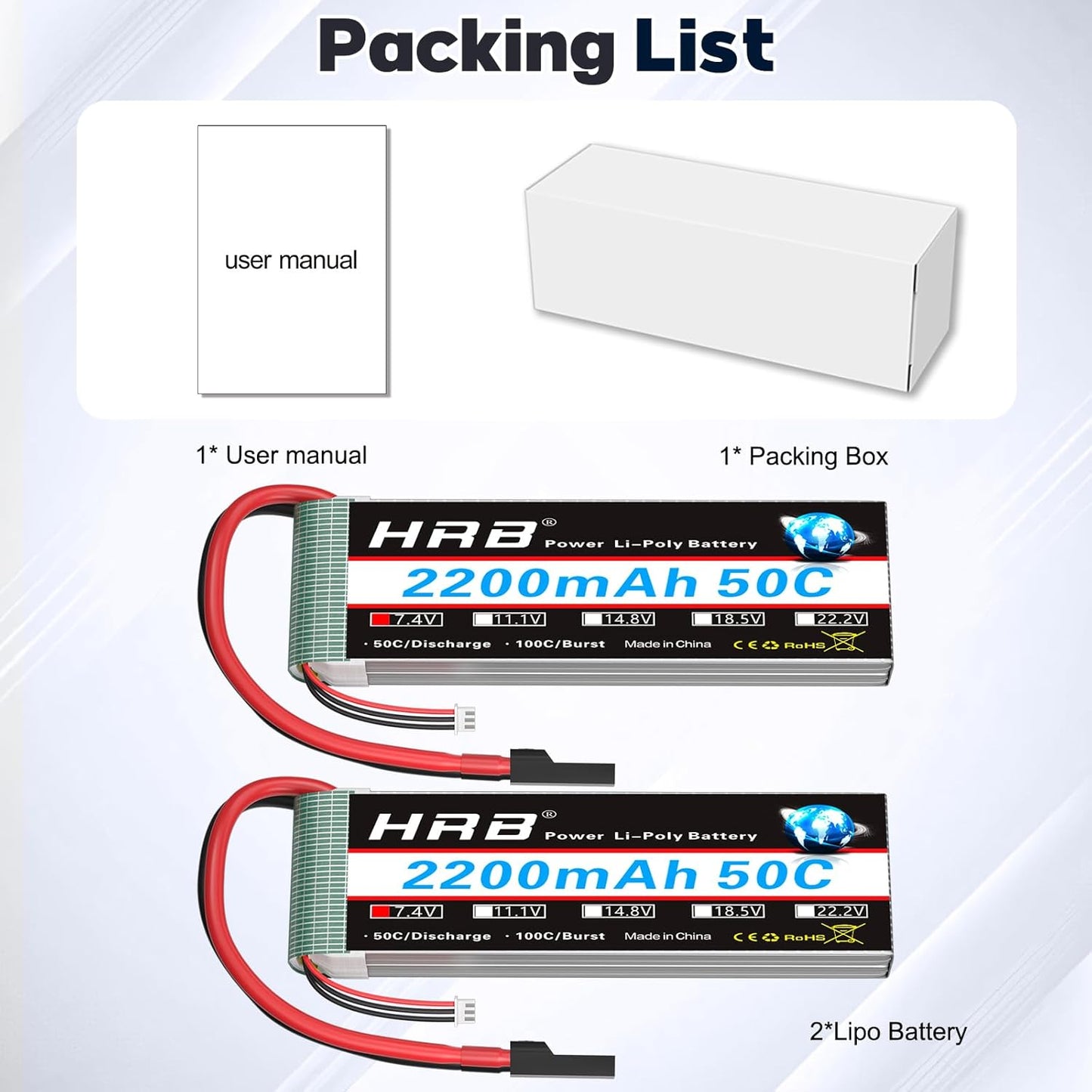 HRB 2PCS 2S Lipo Battery 7.4V 2200mAh RC LiPo Batteries with TRX Plug