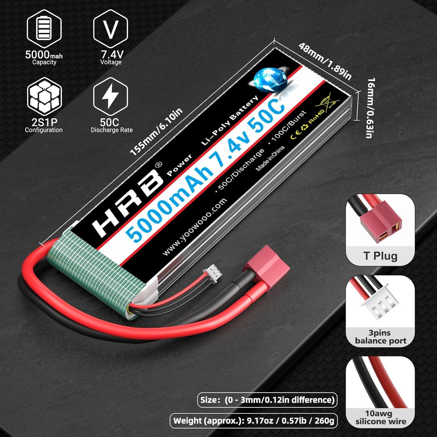 HRB 7.4V 5000mAh 50C 2S Lipo Battery Deans T