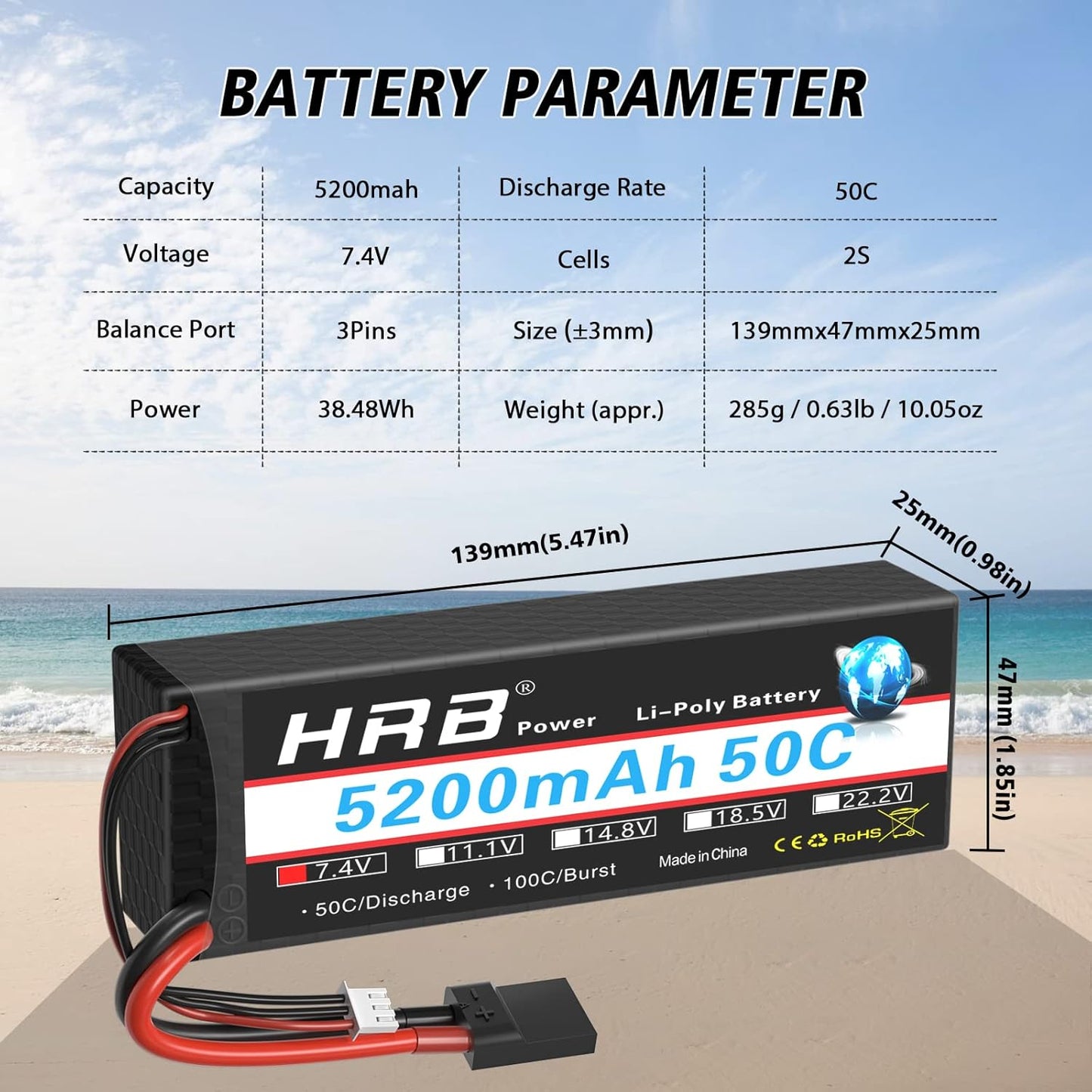 2 pieces HRB 7.4V 2S 5200mAh 50C TRX Hardcase Lipo Battery