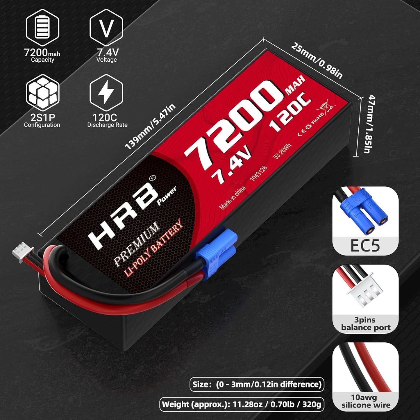 HRB 2packs 2S 7200mAh Lipo Battery with EC5 Plug 7.4V 120C Hardcase