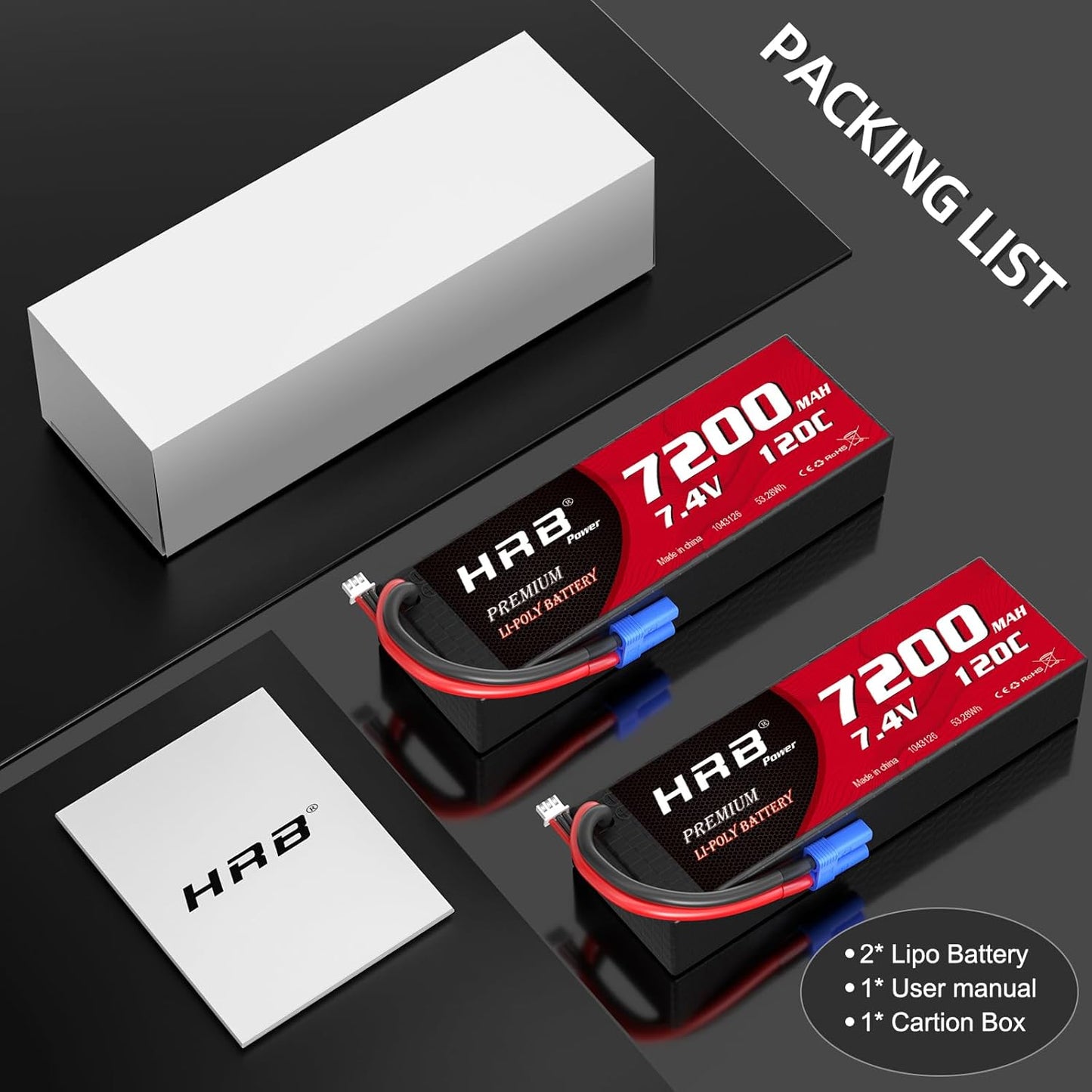 HRB 2packs 2S 7200mAh Lipo Battery with EC5 Plug 7.4V 120C Hardcase