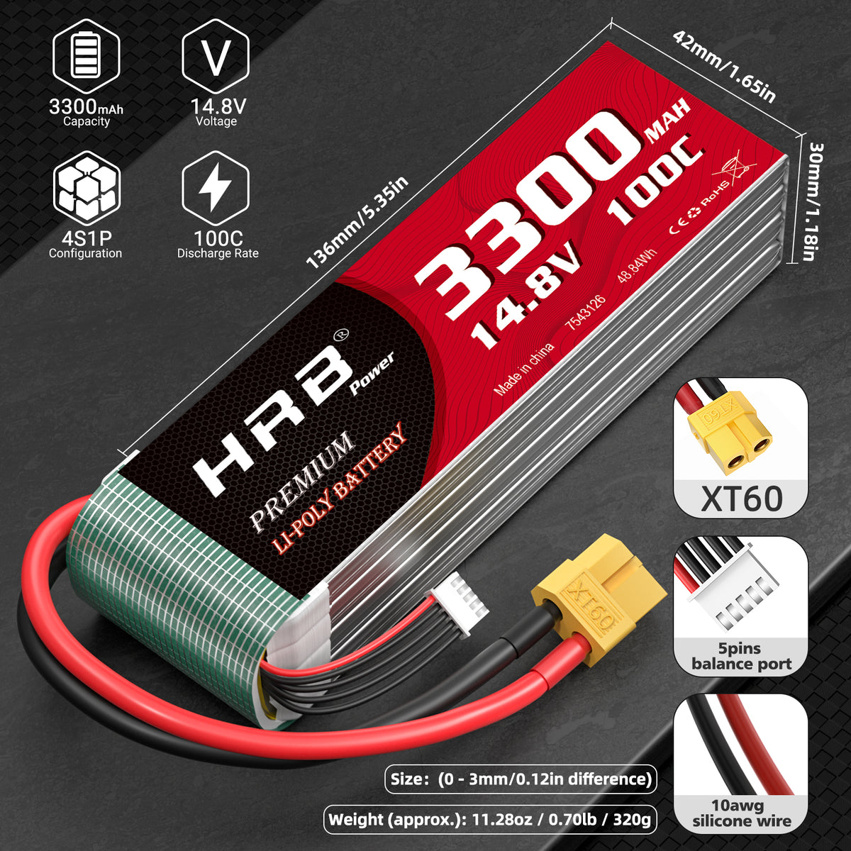 HRB 4S 14.8V 3300mAh 100C LIPO Battery XT60/EC5/Deans T
