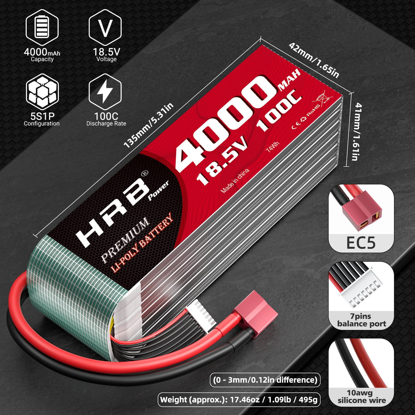 2 pieces HRB 5S 18.5V 4000mAh 100C XT60 Lipo Battery