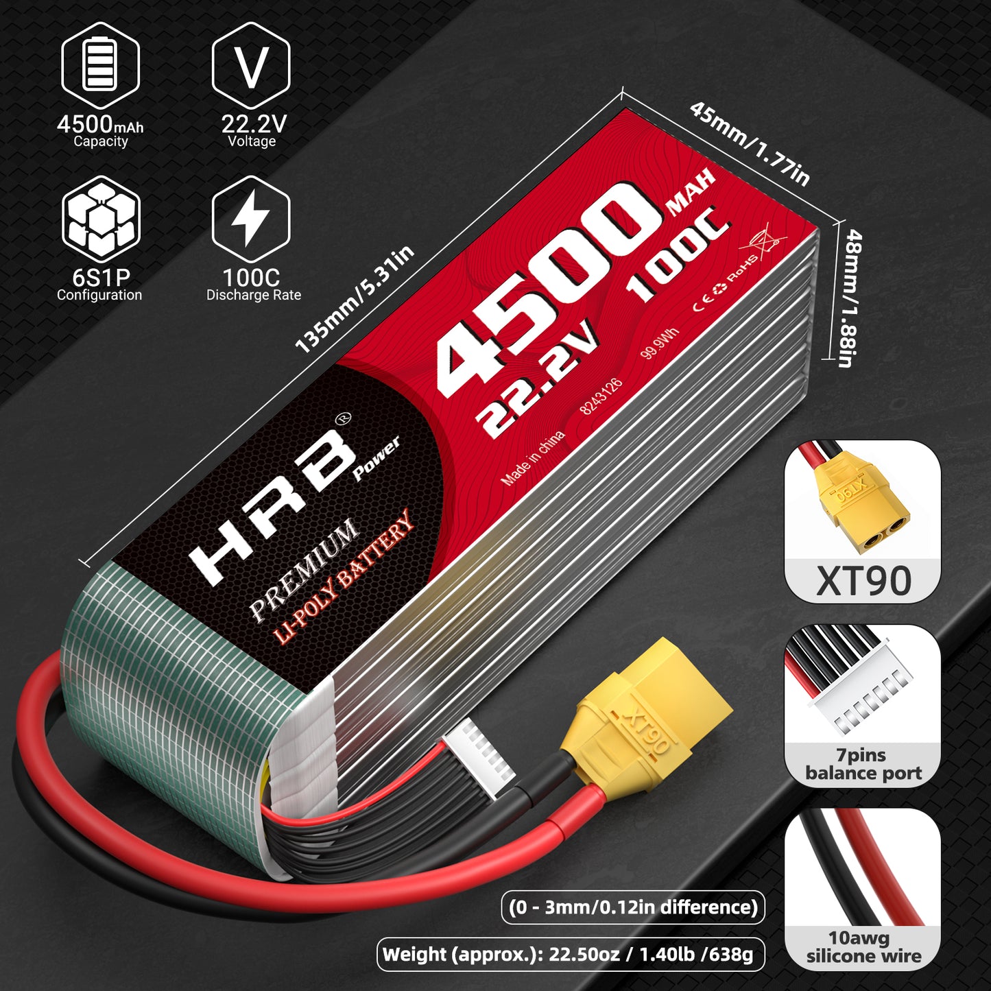 HRB 4500mAh 6S 22.2V LiPo Battery 100C for RC Helicopter Airplane Boat