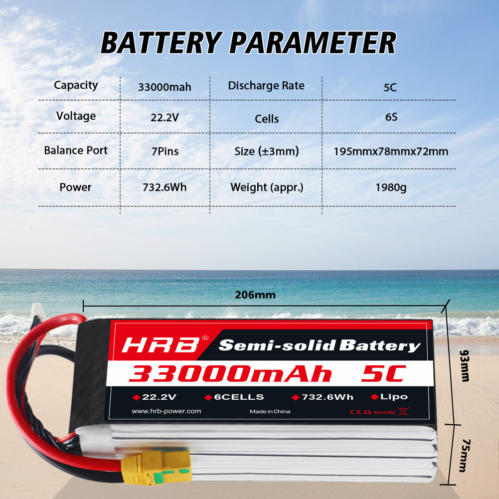 HRB 6s 22.2V 33000mAh 5C XT90S Semi-solid battery Customizable