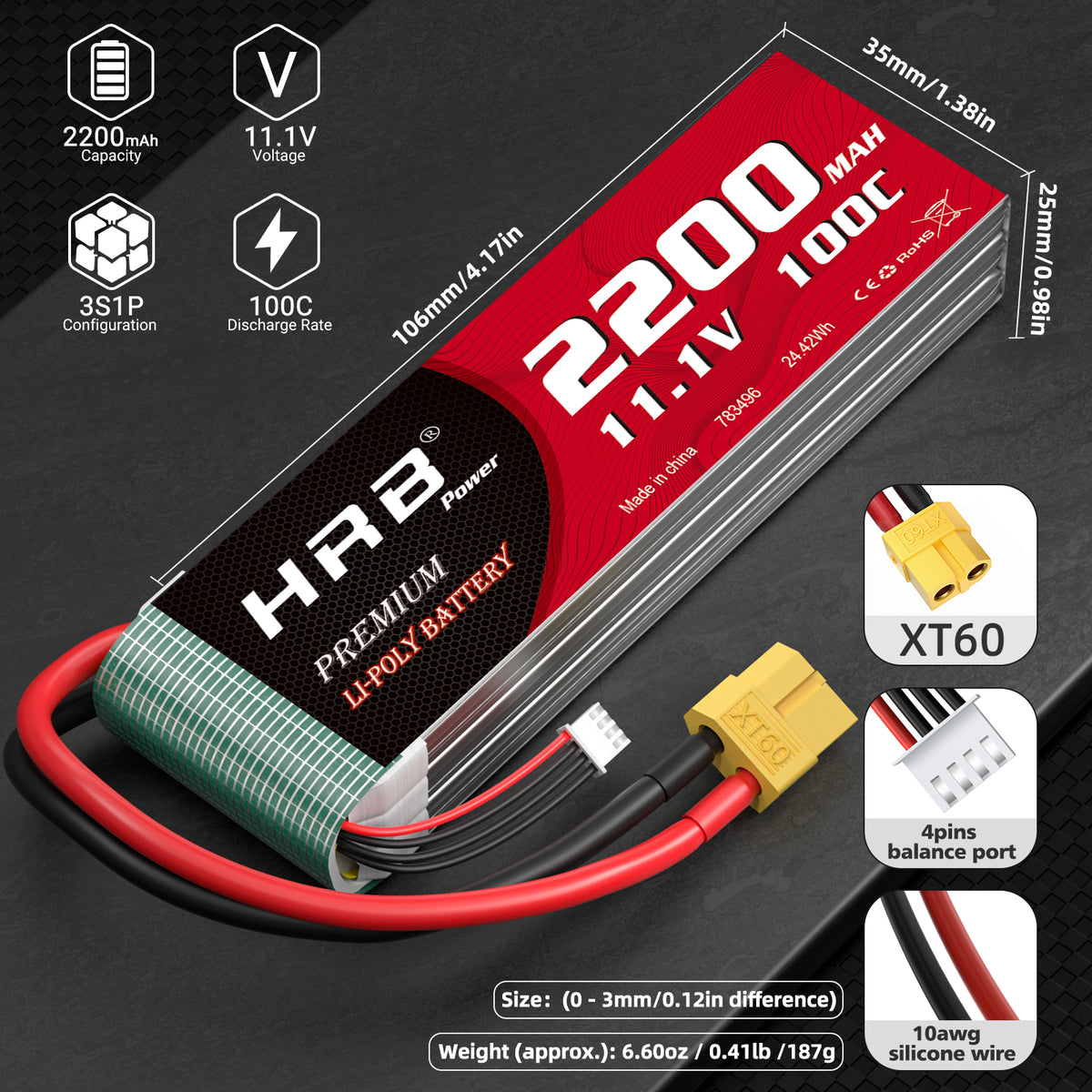 2XHRB 3S Lipo Battery 100C 11.1V 2200mAh Deans T/XT60 for Car Truck Helicopter Airplane